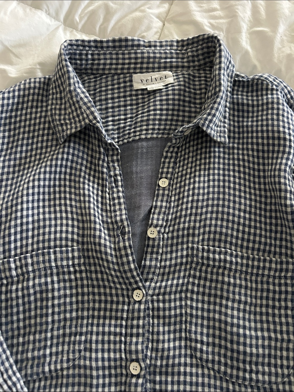 Velvet Blue and White Gingham Casual 3 Button-Down  gingham blue gauzy